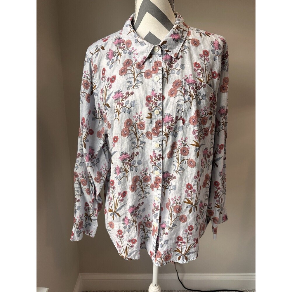 Spartina 449 100% Linen Floral Button Up Blouse Mother of Pearl Buttons XL Beach